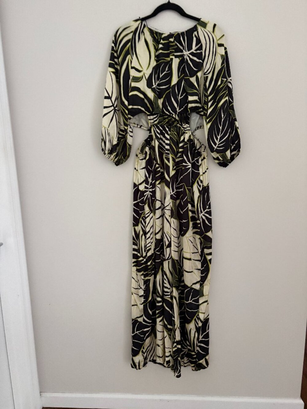 Zara Tropical Leaf Print Cut Out Satin Jumpsuit Green Black Resortwear Boho XL